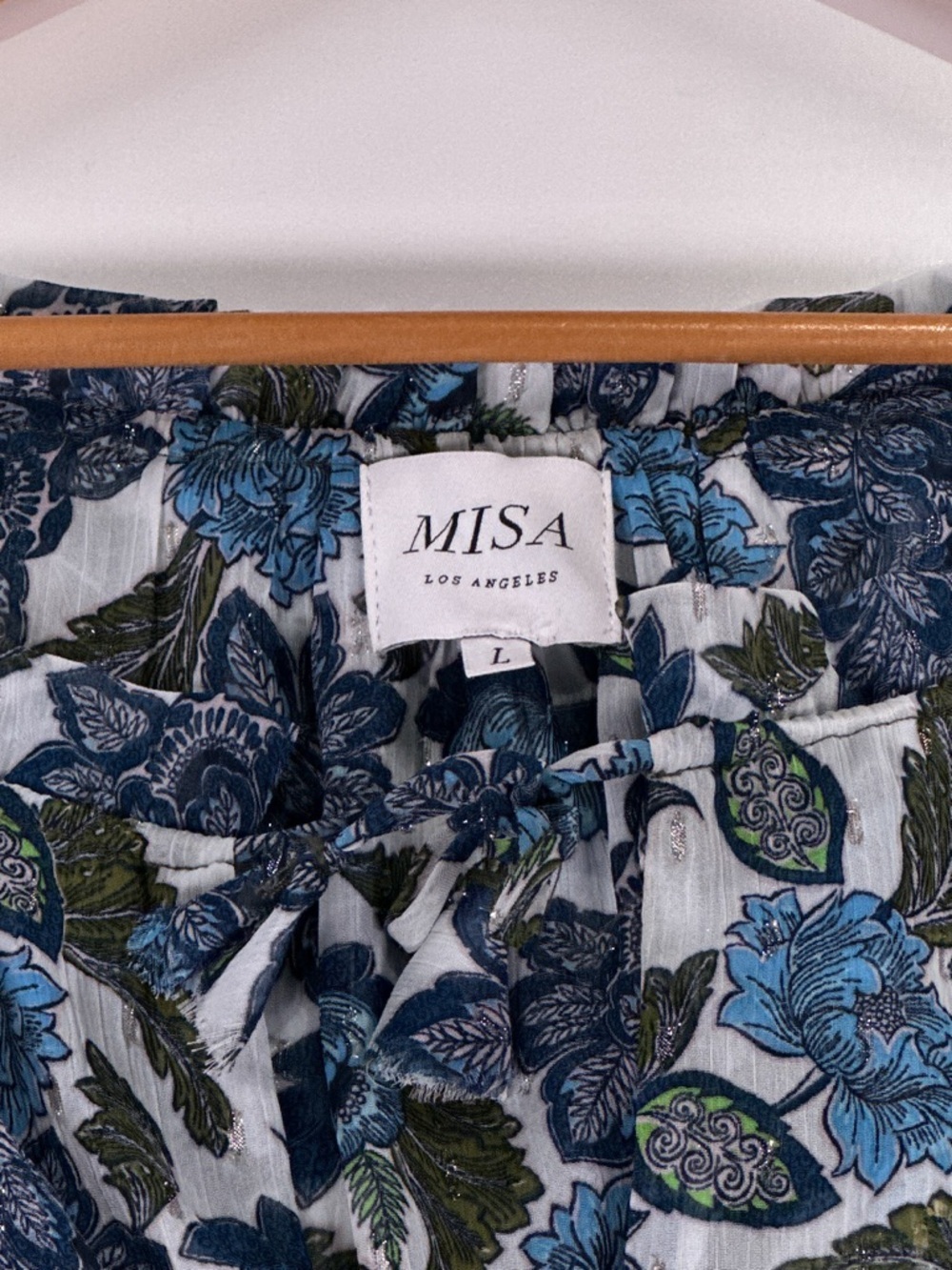 MISA Los Angeles Vida Maxi Dress Smocked Floral Lurex Blue Green L - Picture 9 of 16